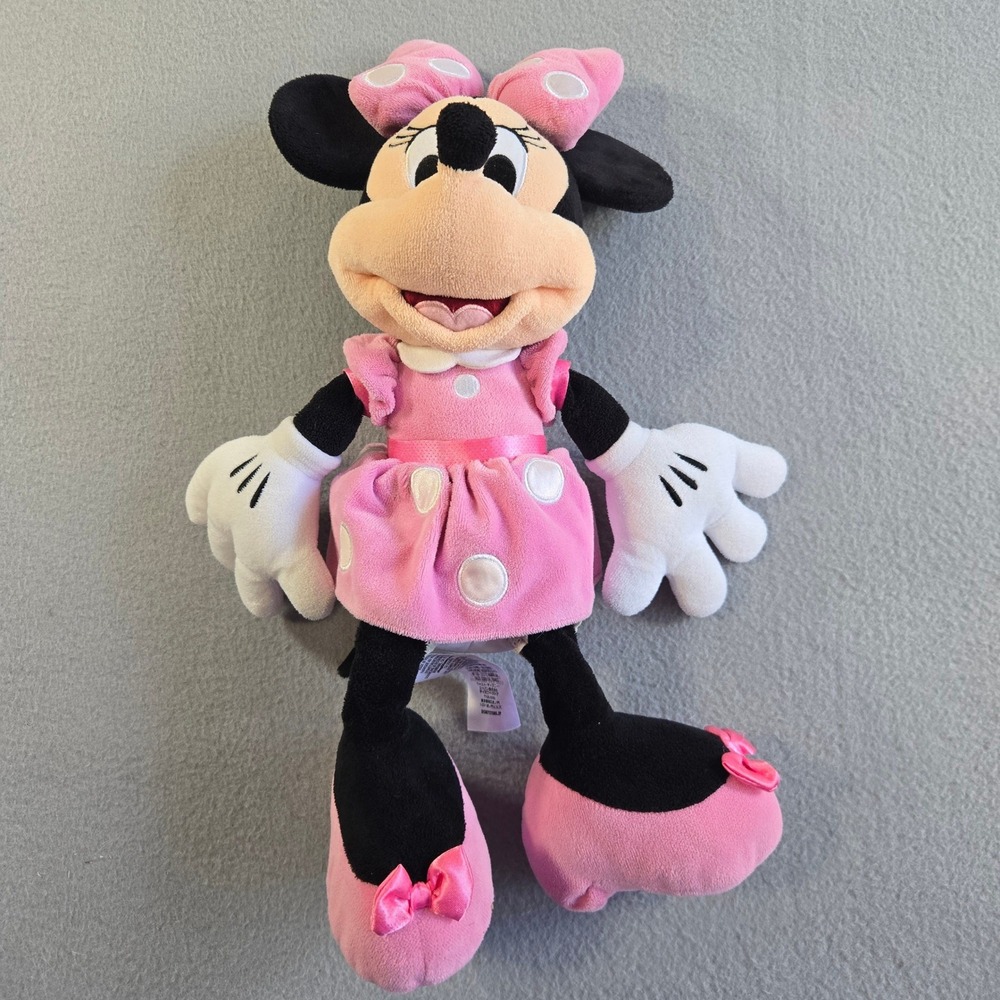 Disney Store Minnie Mouse Plush Pink Polka Dot Dress 18 Inch Black White Bows